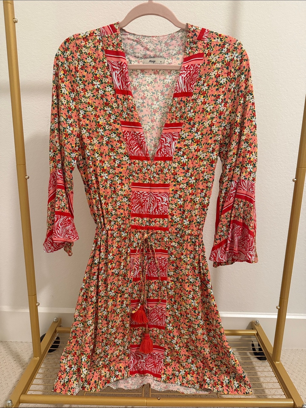 Maaji Red Floral Tie-Waist Mini Dress with Tassels